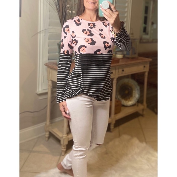 Leopard Striped Knot Long Sleeve Pink Black 3920 - Picture 1 of 5